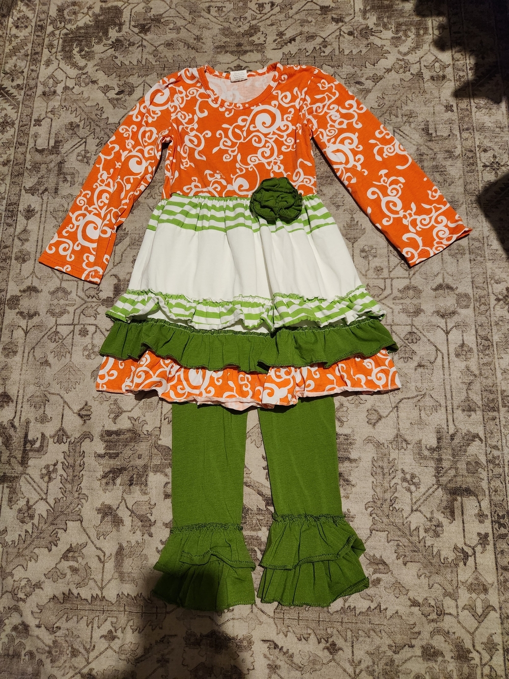 Girls Orange & Green Ruffle Tunic Set with Leggings - Brand Unspecified